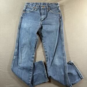 Wrangler Medium Wash Straight Leg Denim Jeans Blue Men's Cotton Distressed